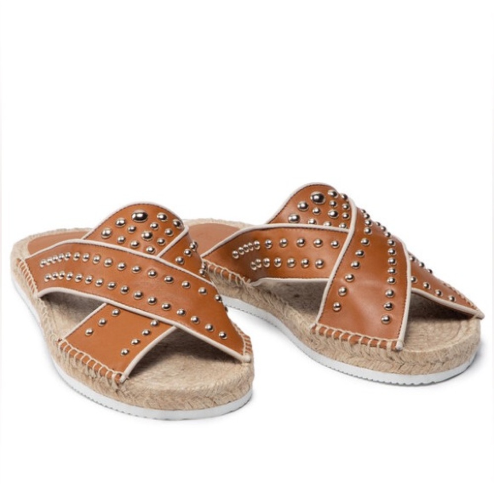 See By Chloé Pia Studded Crisscross Leather Espadrille Slides in Tan - Picture 2 of 10